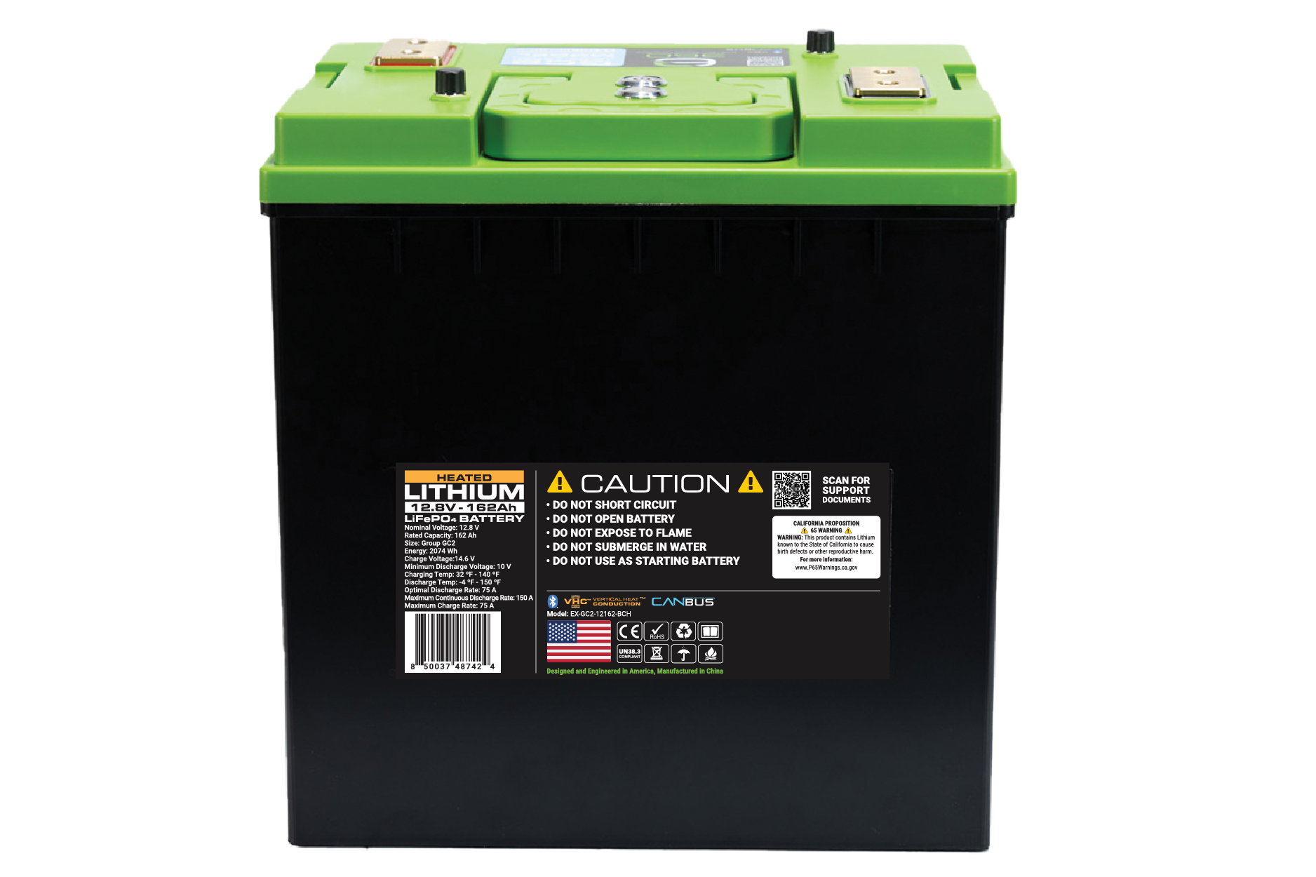 E360 12.8V 162Ah GC2 LiFePO4 Deep Cycle Battery w/Bluetooth, CAN Bus, VHC Internal Heating.