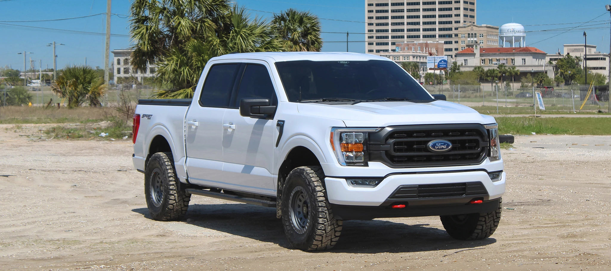 overland sector wheels rig gallery white ford f-150 on 17x9 satin gray venture wheels 2 inch lift 35 inch tires and more